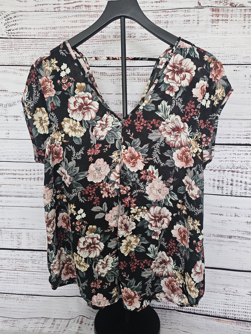 Halogen Black Floral V-Neck Blouse with Pink & Cream Blooms